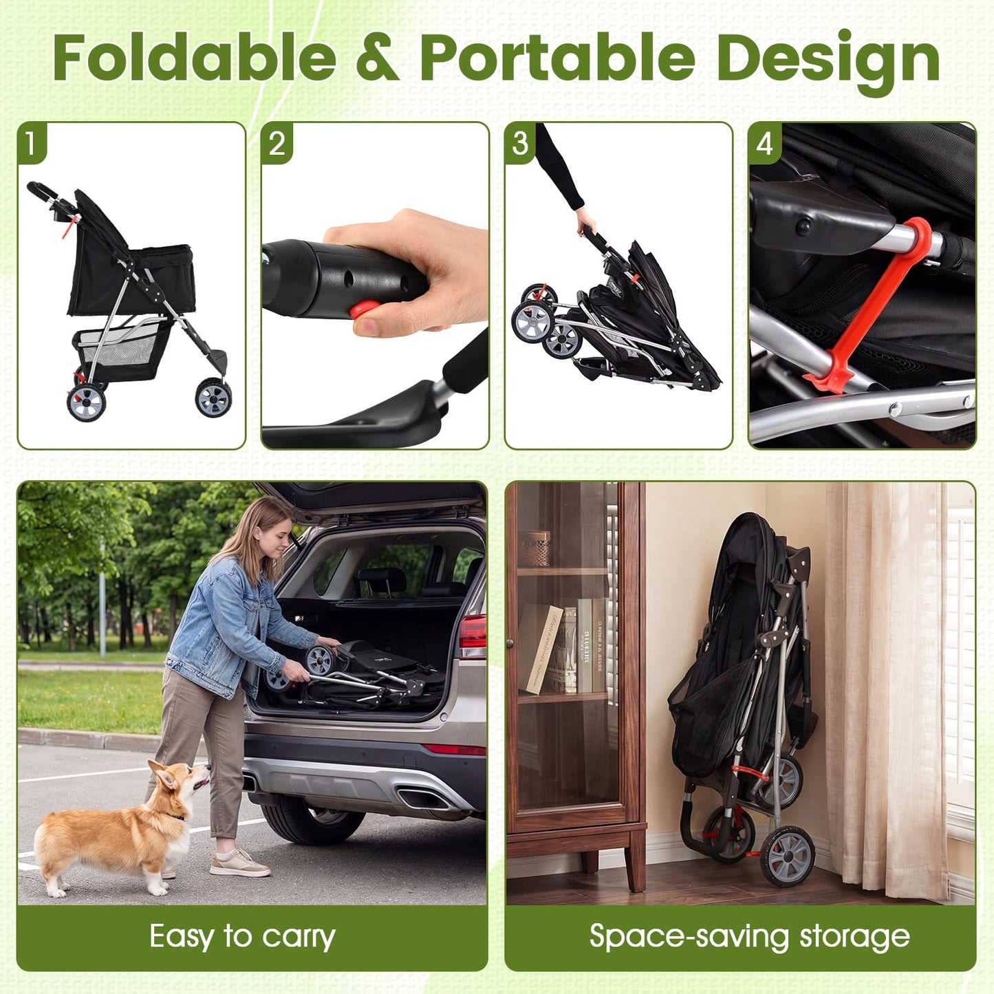 PETSITE 3-Wheel Pet Stroller, Foldable Dog Strollers for Small Dogs with Breathable Mesh, Waterproof Cover, All-Terrain Wheels, Cup Holder, and Storage Basket, Ideal for Dogs Cats up to 33 lbs (Black)