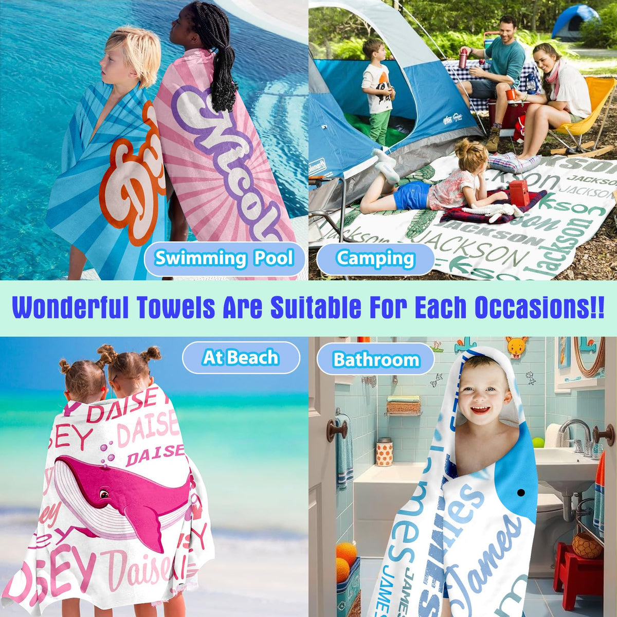 Yoltotude Personalized Kids Beach Towels Custom Sand Free Microfiber Beach Towel with Names & Monogram Customized Quick Dry Pool Towels for Girls Boys Standard Size Easter Gifts for Kids