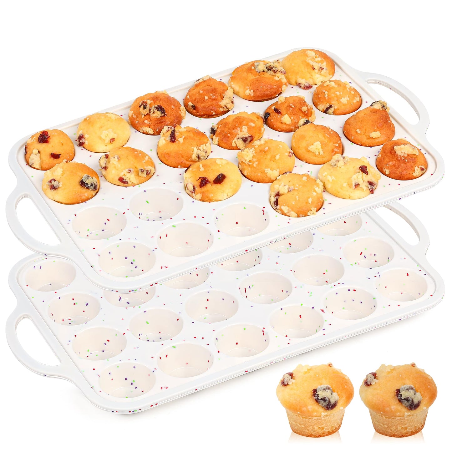 AOTASO 2 Pcs Silicone Mini Muffin Pan With Metal Frame, 24 Cups Nonstick Cupcake Tray for Baking, Small Muffin Molds with Handles (Cream)