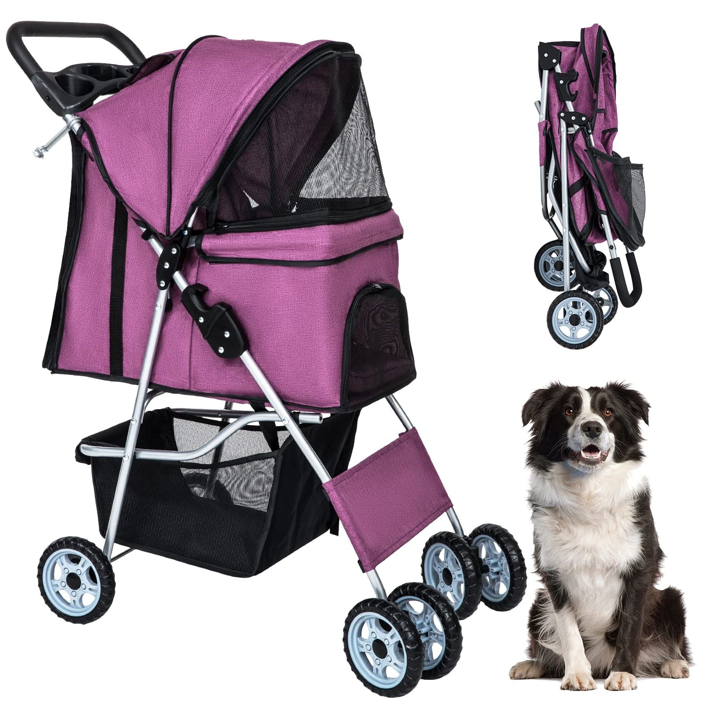BestPet Pet Stroller Dog Cat Jogger Stroller for Medium Small Dogs Cats Folding Lightweight Travel Stroller with Cup Holder (Purple, 4 Wheels)