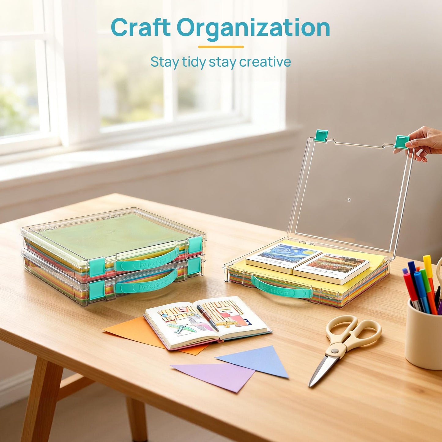 Vtopmart 3 Pack Board Game Storage with Handle and Snap-Tight Latch Lid, Craft Organizer Box Fit 12" x 12" Papers, Stackable Clear Storage Box for Art Supply Storage, Paper Storage, Puzzle Storage