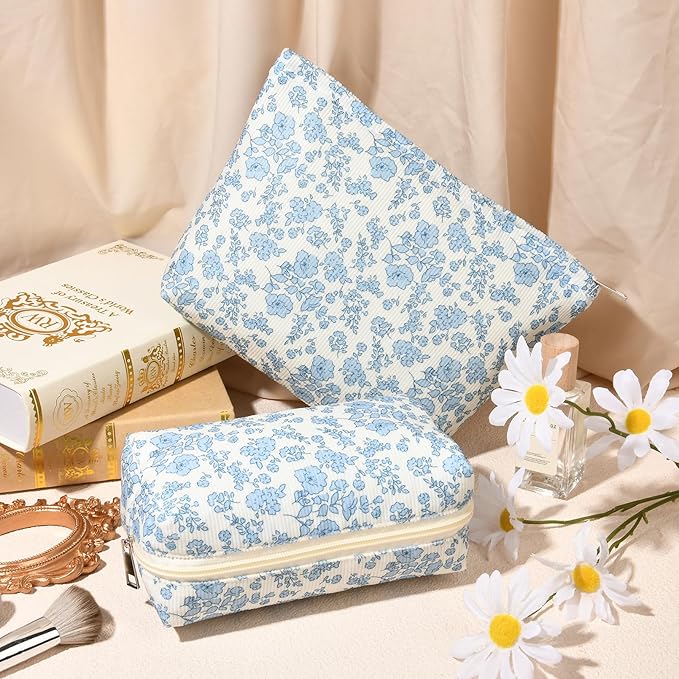 SOIDRAM 2 Pcs Makeup Bag Large Cosmetic Bag Toiletry Bag Makeup Pouch Travel Bag Organizer Cute Makeup Brushes Aesthetic Accessories Storage Bag for Women Blue Floral