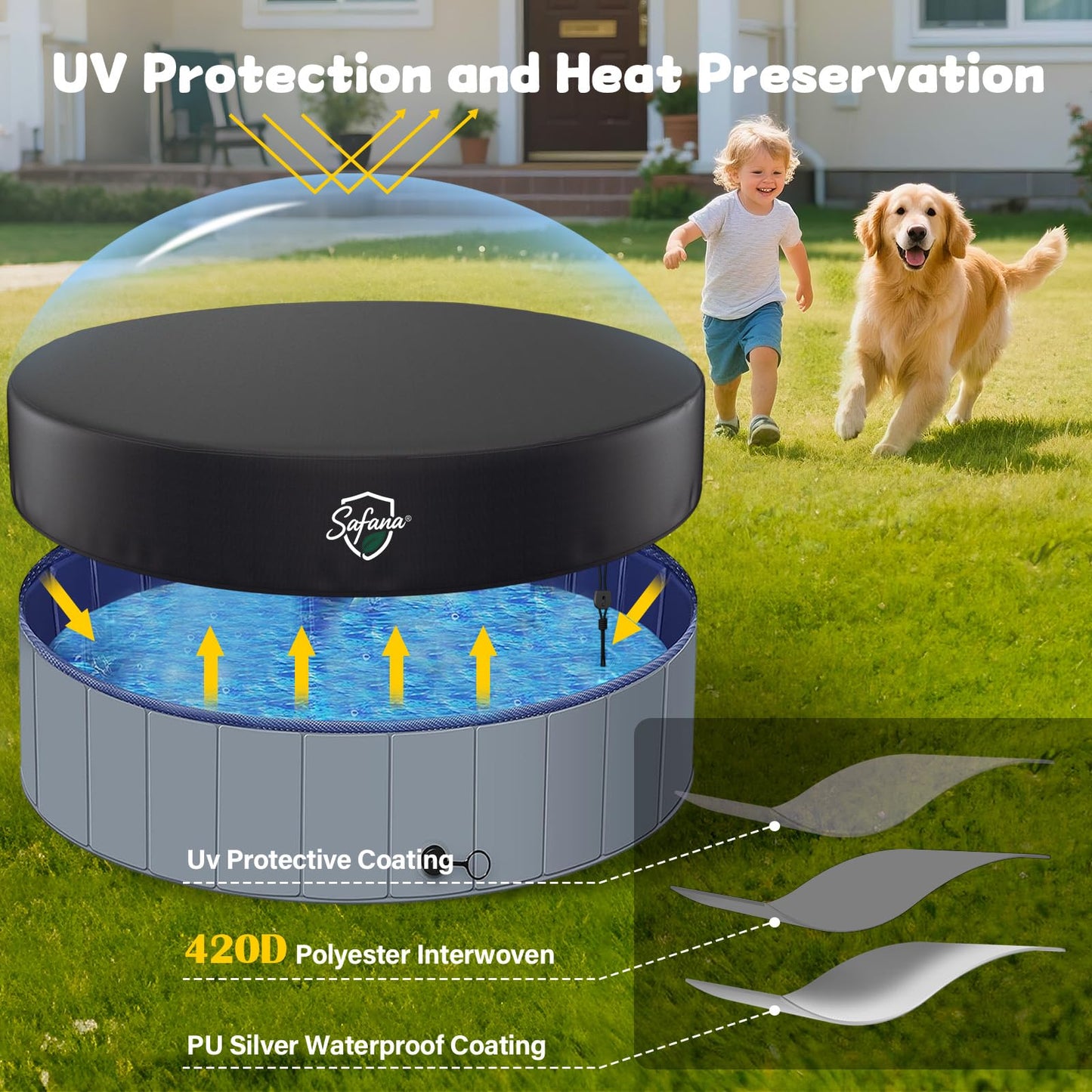 SAFANA 72" Round Dog Pool Cover [Upgrade 420D Thickened] 6ft Portable Dog Pet Bath Pool Cover 71/72 inch, Durable Foldable Round Inflatable Swimming Pool Cover, Drawstring Design Windproof Dustproof