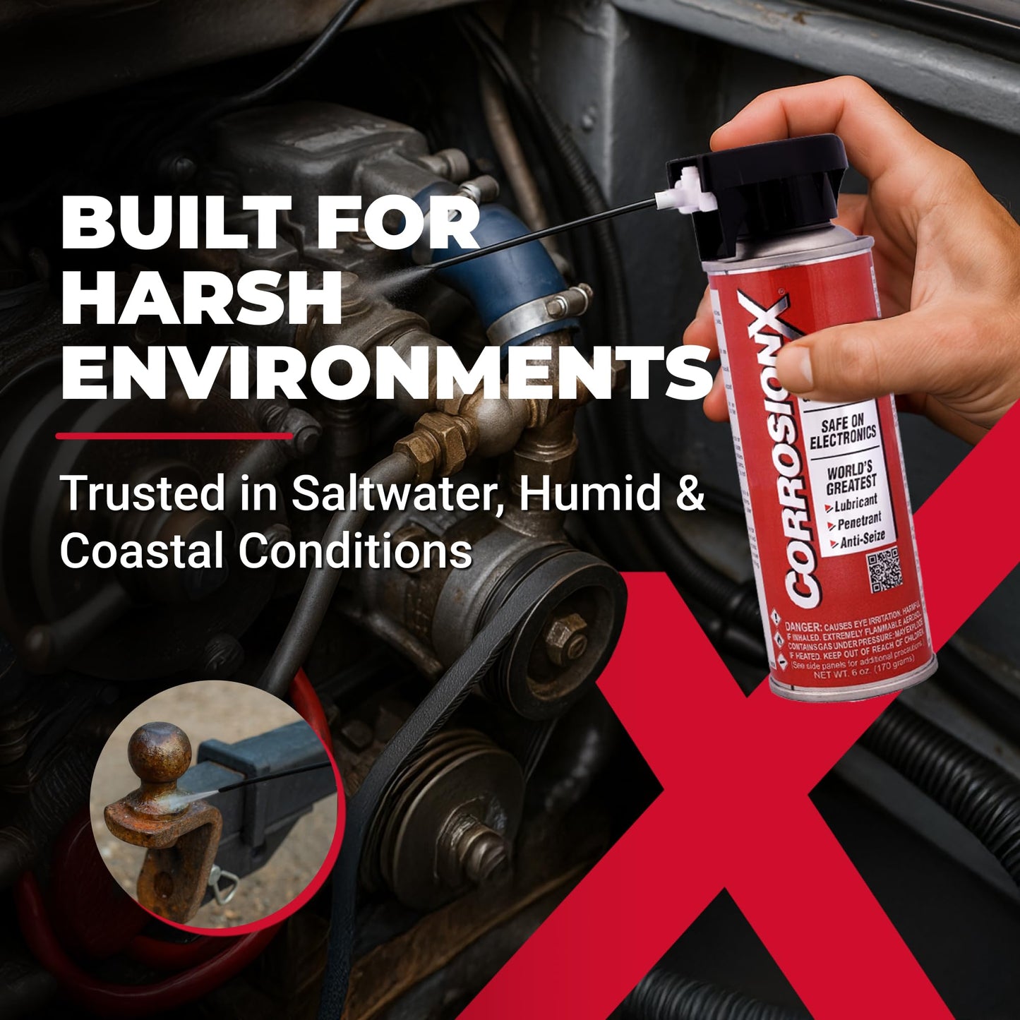 CorrosionX Rust Inhibitor, Industrial-Strength Dielectric Corrosion Prevention, Lubricant & Penetrant for Marine, Automotive, Electronics & RV Use, Protects Bolts, Cables, Engines, Parts, 6oz Aerosol