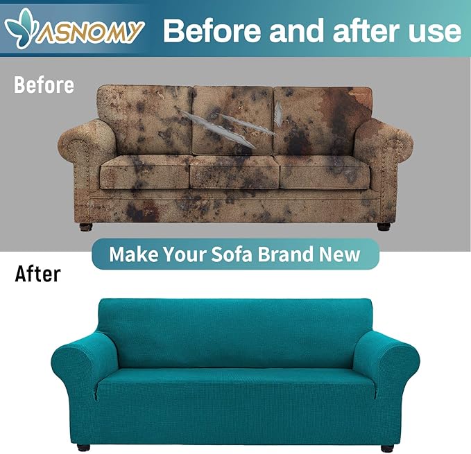Asnomy Couch Covers for 3 Cushion Couch Stretch Sofa Covers Slipcovers, Pet Protector Furniture Covers for Dogs Cats Spandex Jacquard Fabric Small Checks（Large，Peacock Blue）