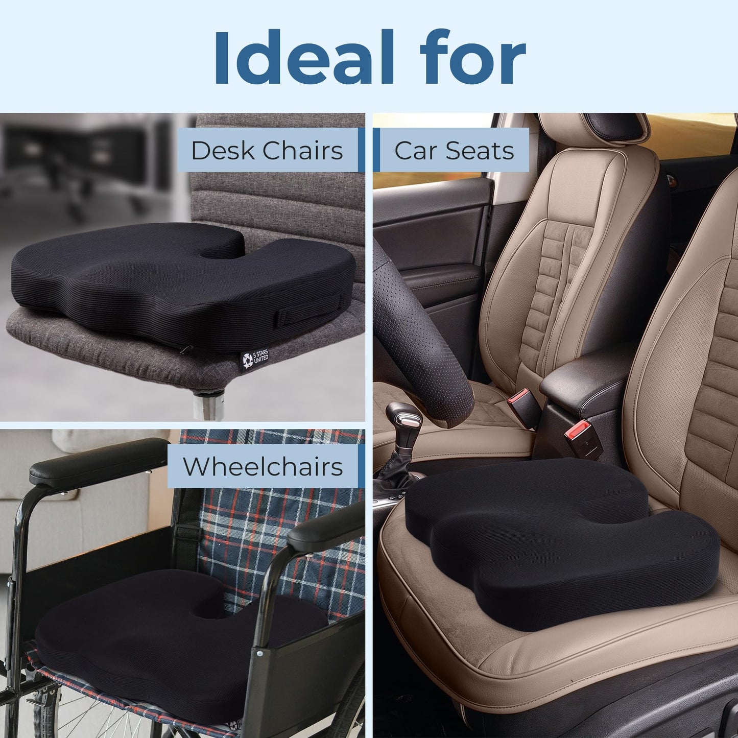 5 STARS UNITED Seat Cushion - Memory Foam Chair Cushion for Tailbone Pain Relief - Ergonomic Support for Coccyx, Sciatica & Butt - Office, Desk & Gaming Chair, Car Seat, Wheelchair, Airplane, L Gray