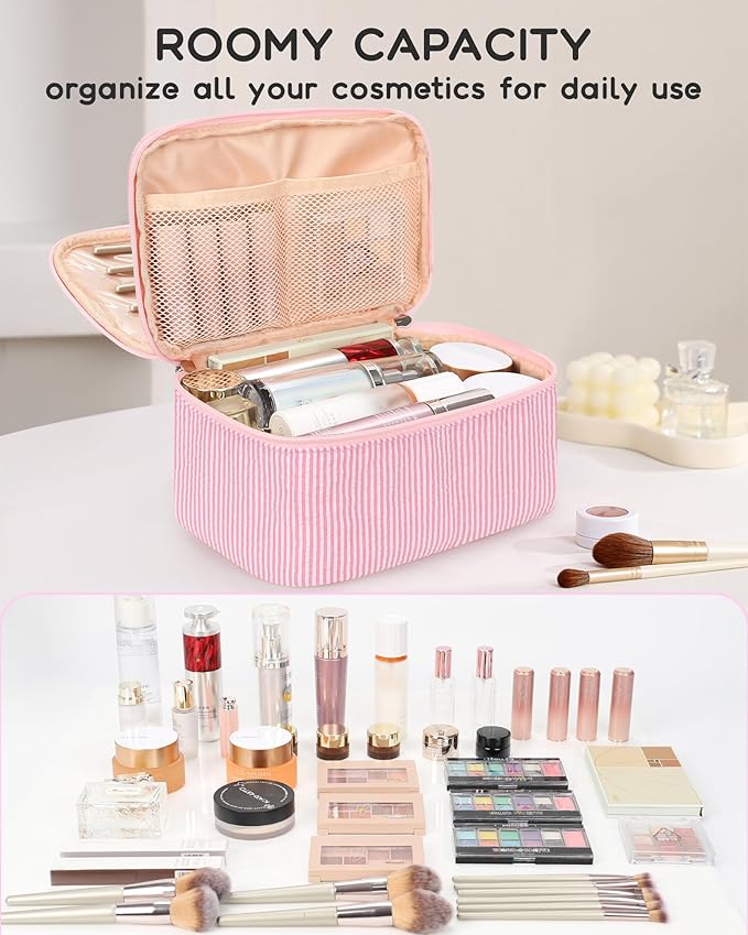 Relavel Large Makeup Bag, Portable Pink Cosmetic Bag for Girls, Dual-layer Makeup Pouch with Brush Holder, Multi-Functional Preppy Toiletry Organizer for Travel, Daily Use - Pink Strip