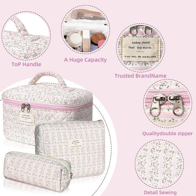 Makeup Bag Set, Portable Travel Make up Bag, Large Capacity Quilted Cosmetic Organizer Bag, Cute Floral Toiletry Bag for Women Girls (Pink Flower)
