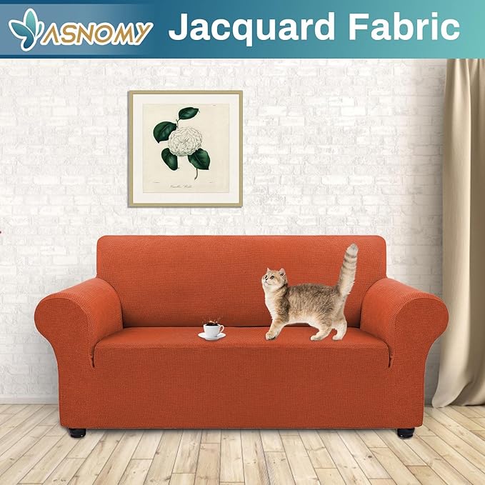 Asnomy Sofa Covers for 2 Cushion Couch Stretch loveseat Covers Slipcovers, Pet Protector Furniture Covers for Dogs Cats Spandex Jacquard Fabric Small Checks （Medium，Punpkin）
