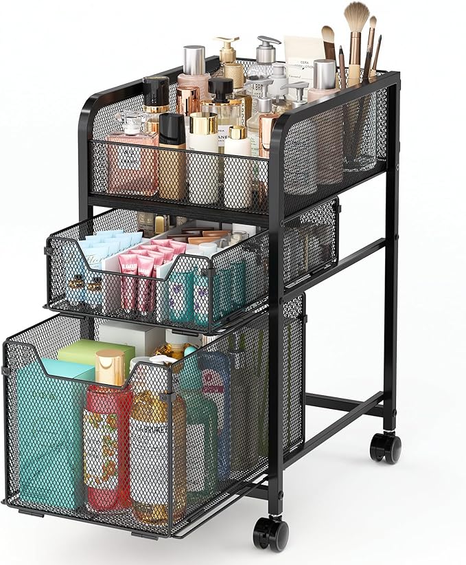 Hongtamoya Rolling Makeup Cart Organizer with 2 Drawers, Narrow Floor Skincare Organizers, Vanity Organizer Cosmetics Display Cases Holder for Skin Care Nail Polish Perfume Makeup Brush, Black