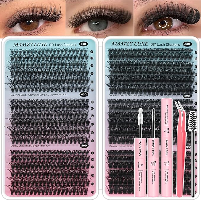 Lash Clusters Kit 708Pcs Individual Cluster Lash Extensions Kit 30D+40D+50D+60D+80D+100D Wispy Eyelash Clusters with Lash Bond and Seal and Tweezers 10-16mm 6 Styles Mix Lashes Clusters Kit