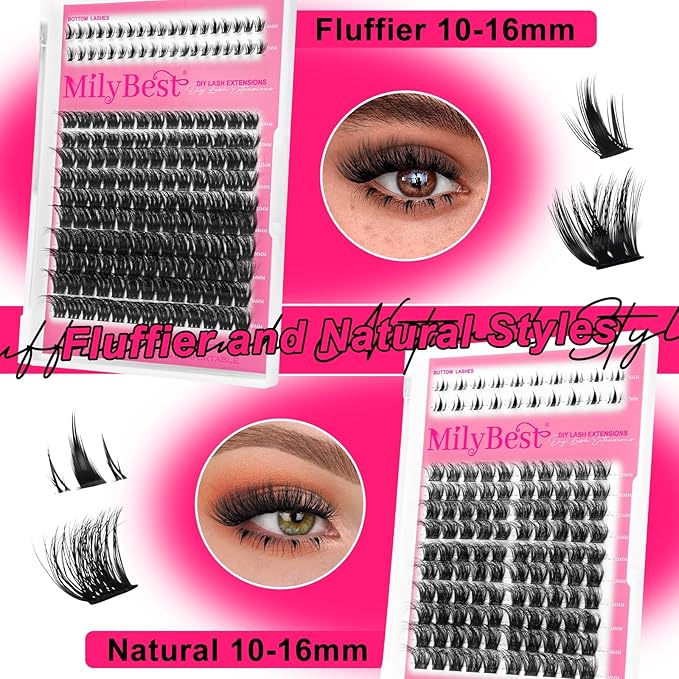 MilyBest Lash Clusters Kit 808Pcs Eyelash Clusters with Spikes and Bottom Lashes Clusters D Curl 4 Styles Lash Kit Fluffy DIY Individual Eyelashes Glue Wispy Cluster Eyelash Extensions Kit De Pestañas