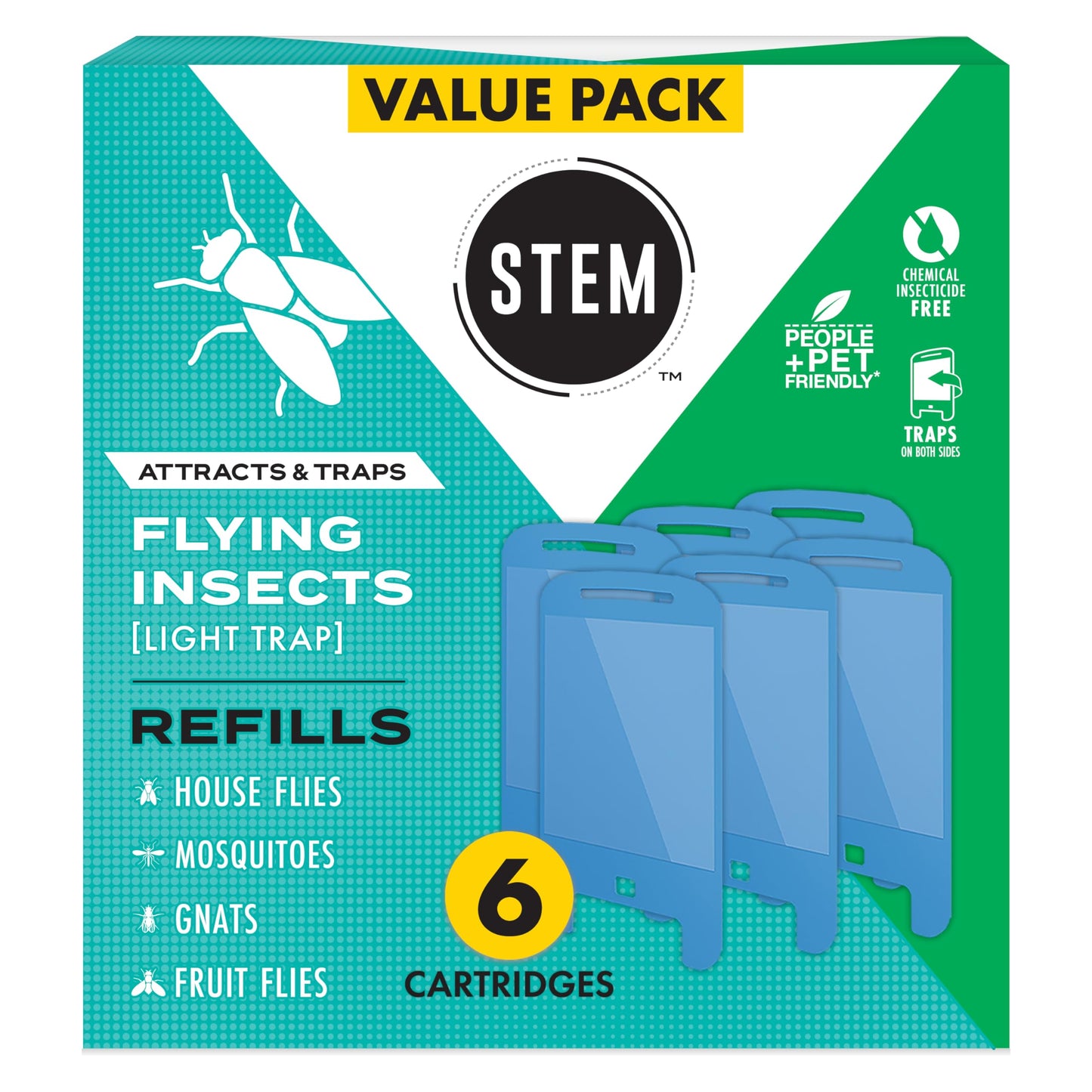 STEM Flying Insect Light Trap Refill Cartridges, Indoor Fruit Fly Trap, Insecticide-Free Pest Control for Home, Attracts and Traps Insects, Official STEM Refills - 6 Count