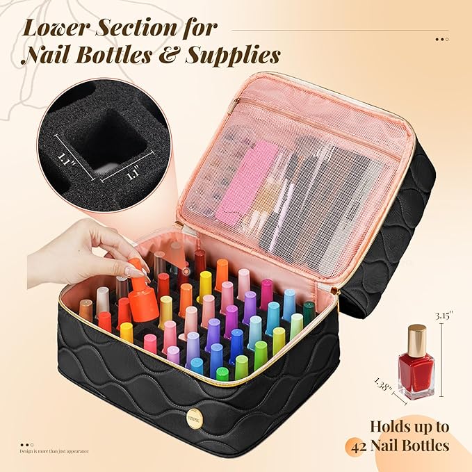 YOREPEK Nail Polish Organizer Holds 42+ Bottles (15ml/0.5 fl.oz), 2-Layer Nail Travel Case with Compartments for Nail Stuff, Nail Tech Organizers and Storage for Supplies, Gift for Manicurist, Black