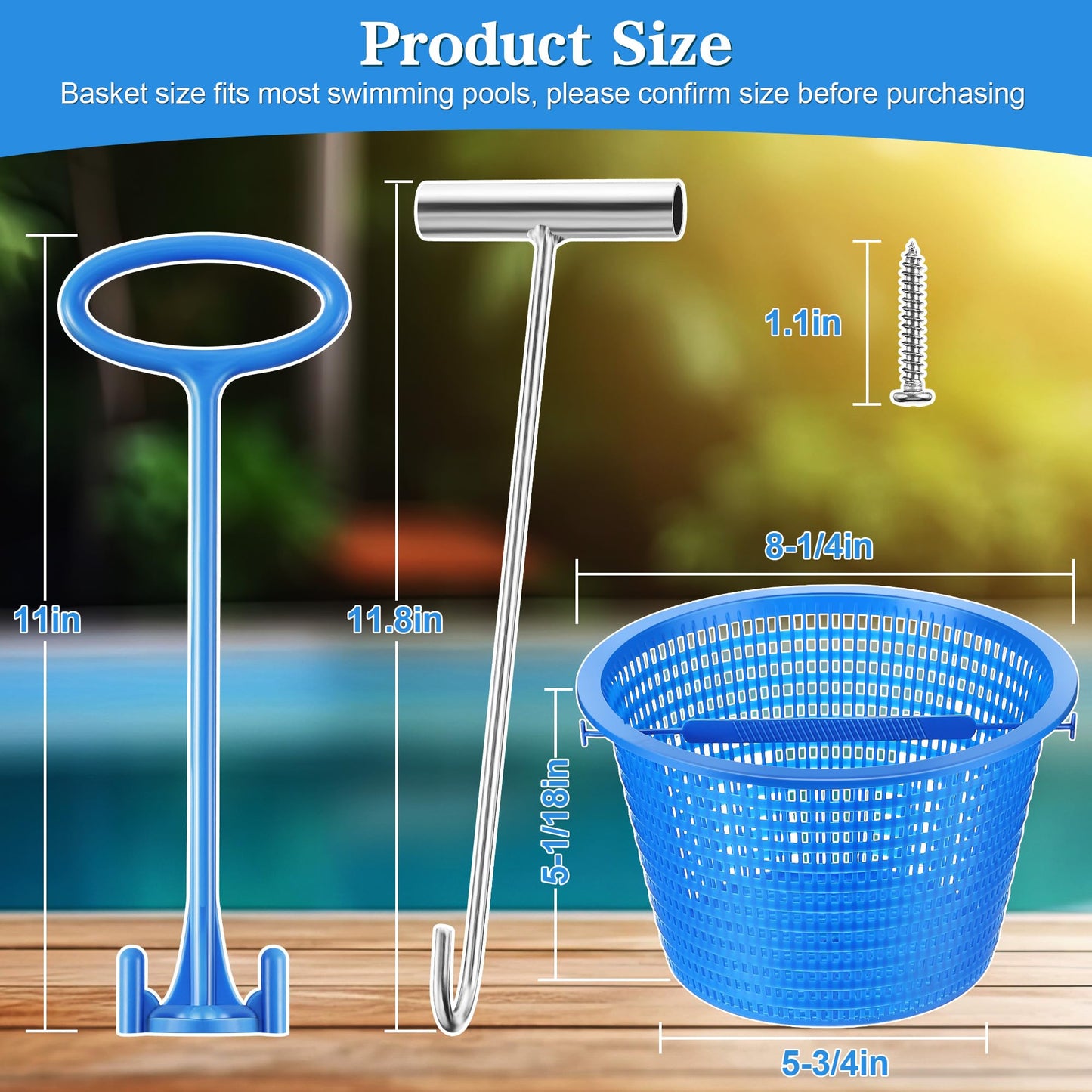 Saillong 2 Set 8" Pool Skimmer Basket for Inground Pool with 2 Skimmer Baskets Handle and 1 Stainless Steel Hook, Blue Universal Pools Filter Basket Skimmers for Debris Removal, Keep Hands Clean