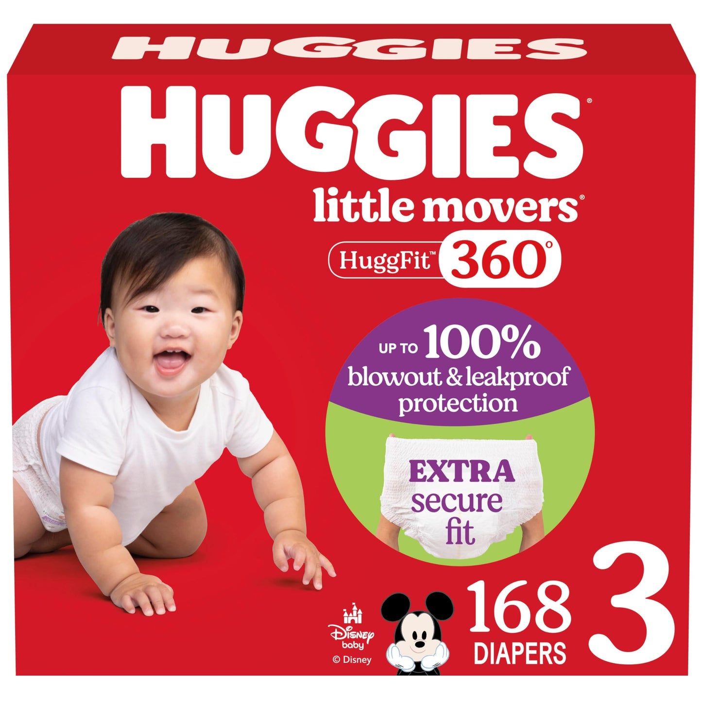 Huggies Size 3 Baby Diapers, Little Movers HuggFit 360° Baby Diapers with 360° Waistband, Size 3 (16-28 lbs), 168 Count (3 Packs of 56), Packaging May Vary