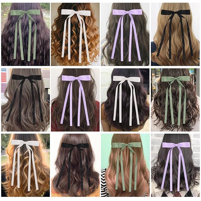 Hair Bows Clips Coquette Ribbon Bowknot with Long Tail Princess Hair Bows French Barrettes Hair Accessories for Women Girls 16PCS (Cream, Green, Purple, Black)