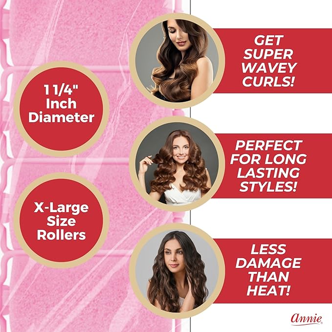 Annie Foam Hair Rollers X-Large 1 1/4 Inch, 8 Count Pink Soft Sponge Curlers for Heatless Curls & Waves, No Pins or Clips Needed, For Wet or Dry Hair, Long-Lasting Hold
