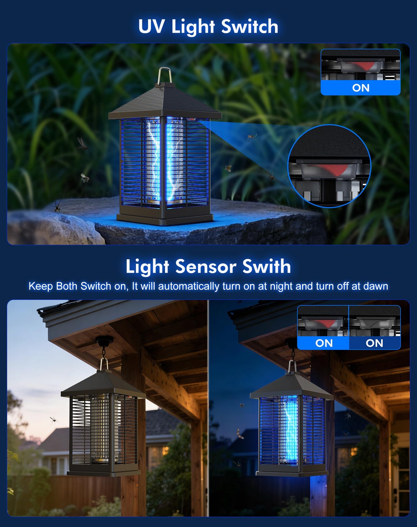 REOGLE Bug Zapper Indoor & Outdoor with Auto Smart Light Sensor, 4000V Electric Mosquito Zapper, Insect Fly Trapper, Covers 2100 sq ft, IPX4 Waterproof Mosquito Lamp for Patio, Garage, Backyard, Porch
