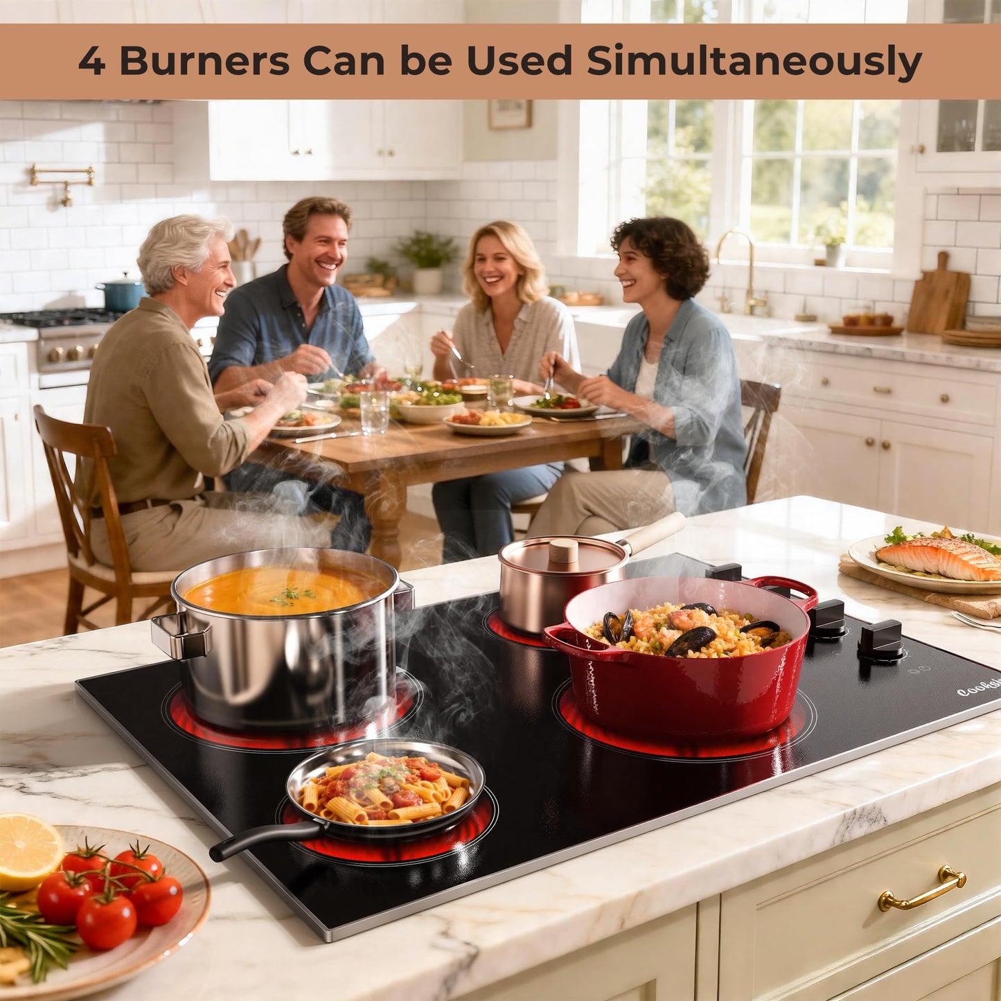 Cooksir Electric Cooktop 30 Inch - 4 Burner Built-in(29.13"x19.3") Electrical Stovetop 7400W, 30 In Radiant Electric Stove with Glass Protection Metal Frame, Auto Shut Off, 220-240V Hard Wired