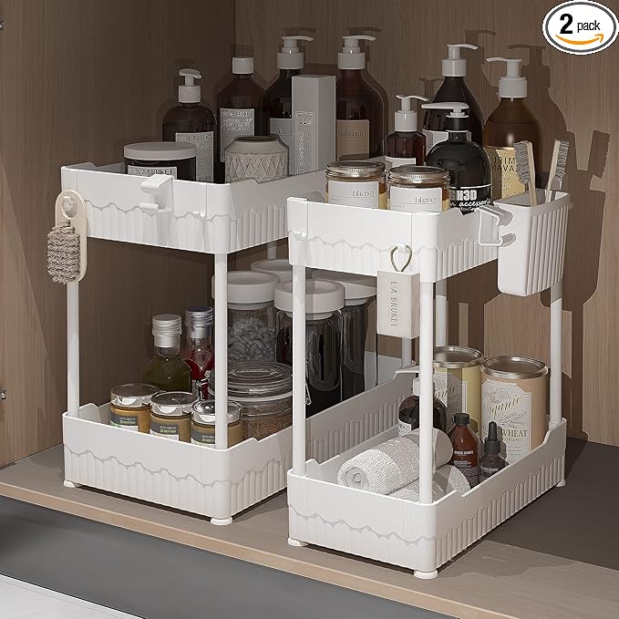Sevenblue 2 Pack Under Sink Organizer, Under Bathroom Cabinet Organizer with Hooks Hanging Cup, Multi-Purpose Storage Shelf for Kitchen Bathroom (White, 12.8 Inch)