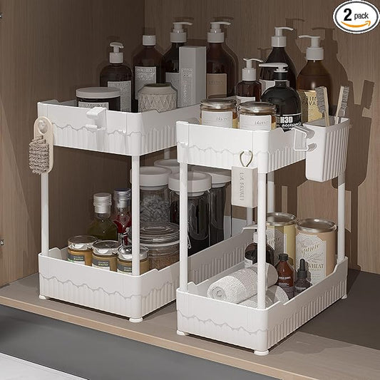 Sevenblue 2 Pack Under Sink Organizer, Under Bathroom Cabinet Organizer with Hooks Hanging Cup, Multi-Purpose Storage Shelf for Kitchen Bathroom (White, 12.8 Inch)