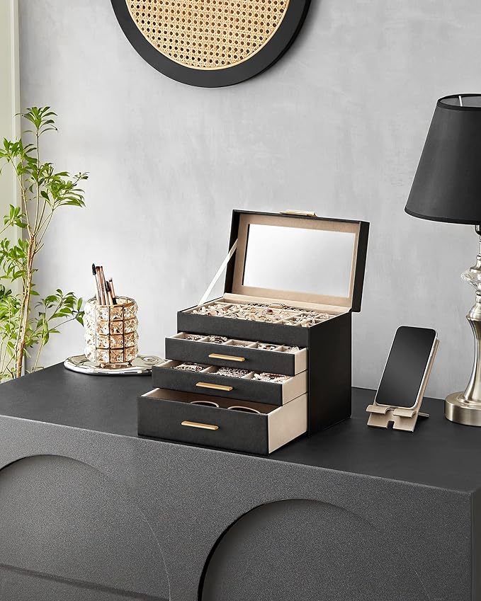 SONGMICS GISELLA Collection - Jewelry Box Organizer, 4-Layer Jewelry Storage with 3 Drawers, Shiny Metal Hardware, Glass Lid, Modern, 6 x 9.9 x 8.5 Inches, Ink Black and Gold Color UJBC161B02