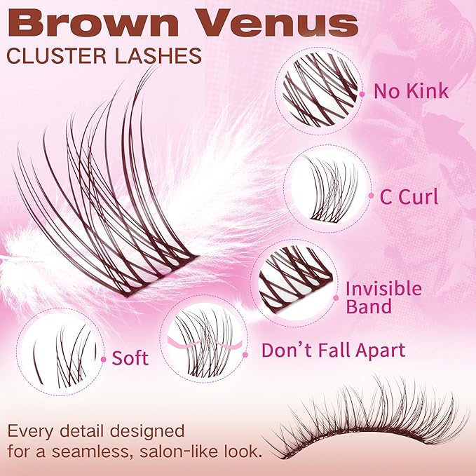 Geeneiya BROWN VENUS Lashes Clusters Kit DIY Lash Extension, 8-14MM Invisible Band Lash Clusters, C Curl Cluster Eyelash Extensions Kit with Waterproof Lash Bond and Seal, Lash Remover, Tweezers