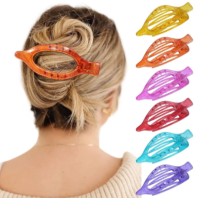 French Flat Hair Clips for Women - 6Pcs Flat Hair Claws for Thin Thick Hair Strong Hold No Slip Grip Hair Claw Clips for Women Girls (Sequins (L:4.6 IN, W:1.97IN))
