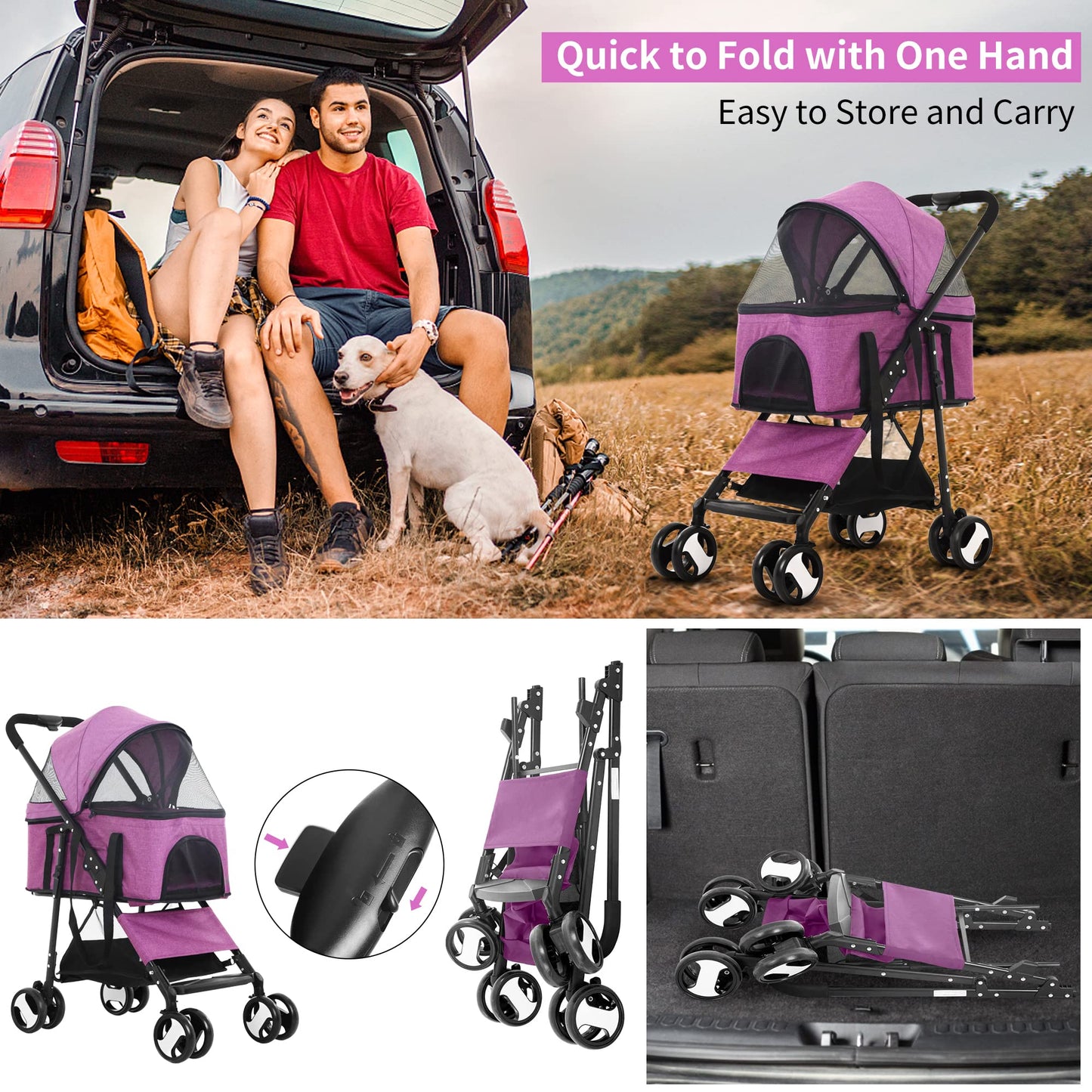 BLKMTY Dog Stroller 3-in-1 Folding Pet Strollers 4 Wheels Cat Stroller w/Storage Basket Dog Carrier Trolley One-Button Switch Travel Strollers with Safety Belt Detachable Carrier, Purple