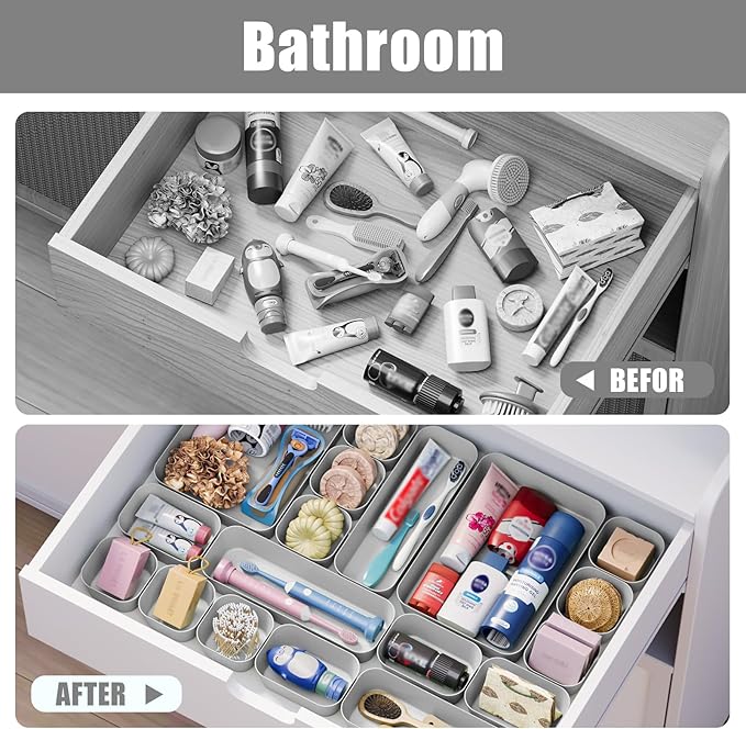 Plastic Drawer Organizers, 10 PCS Drawer Organizer Bins, Bathroom and Vanity Organizer Plastic Tray, Makeup Organizer and Storage for Makeup, Bedroom, Kitchen Gadgets Utensils and Office (Gray)