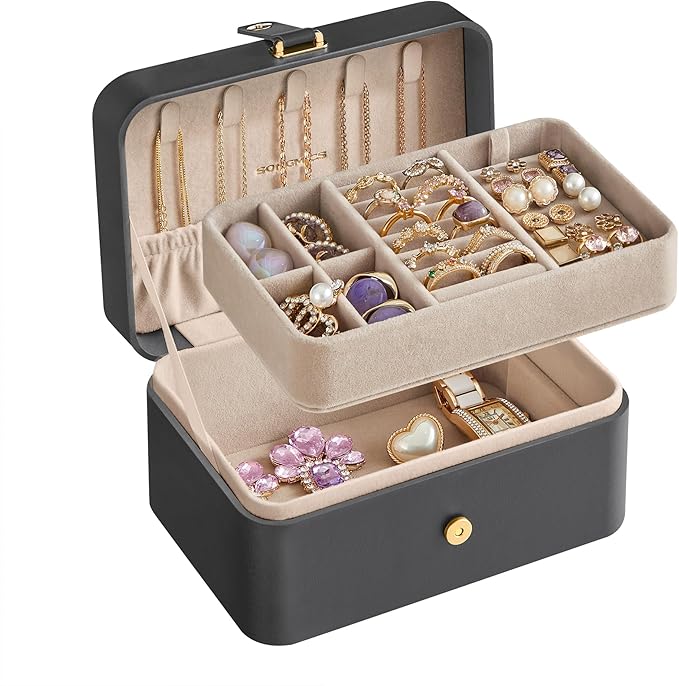 SONGMICS Jewelry Organizer Box, Travel Jewelry Case, 2-Layer Travel Case for Earrings, Necklaces, Bracelets - Portable Jewelry Storage with Large Capacity, Gift Idea, Slate Gray UJBC166G01