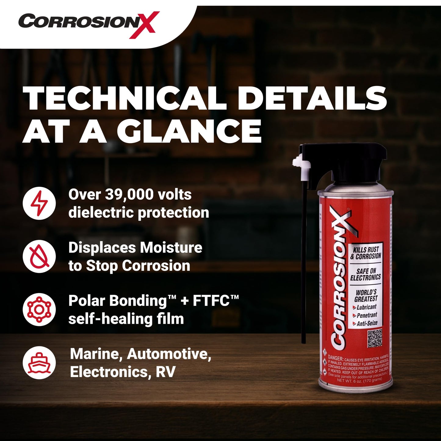 CorrosionX Rust Inhibitor, Industrial-Strength Dielectric Corrosion Prevention, Lubricant & Penetrant for Marine, Automotive, Electronics & RV Use, Protects Bolts, Cables, Engines, Parts, 6oz Aerosol