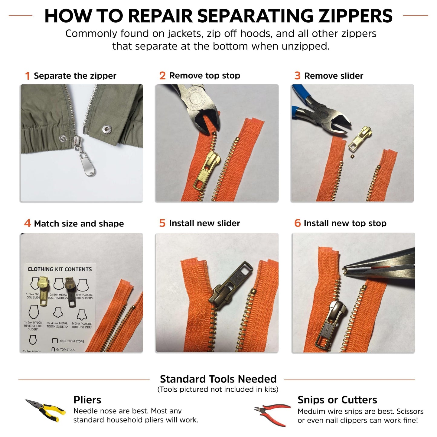 Zipper Rescue Clothing Zipper Repair Kit - The Original Zipper Pull Replacement kit for Hoodies, Pants, Handbags - Included 11 Metal Sliders, 4 End Stops, 6 Top Stops - Made in America Since 1993