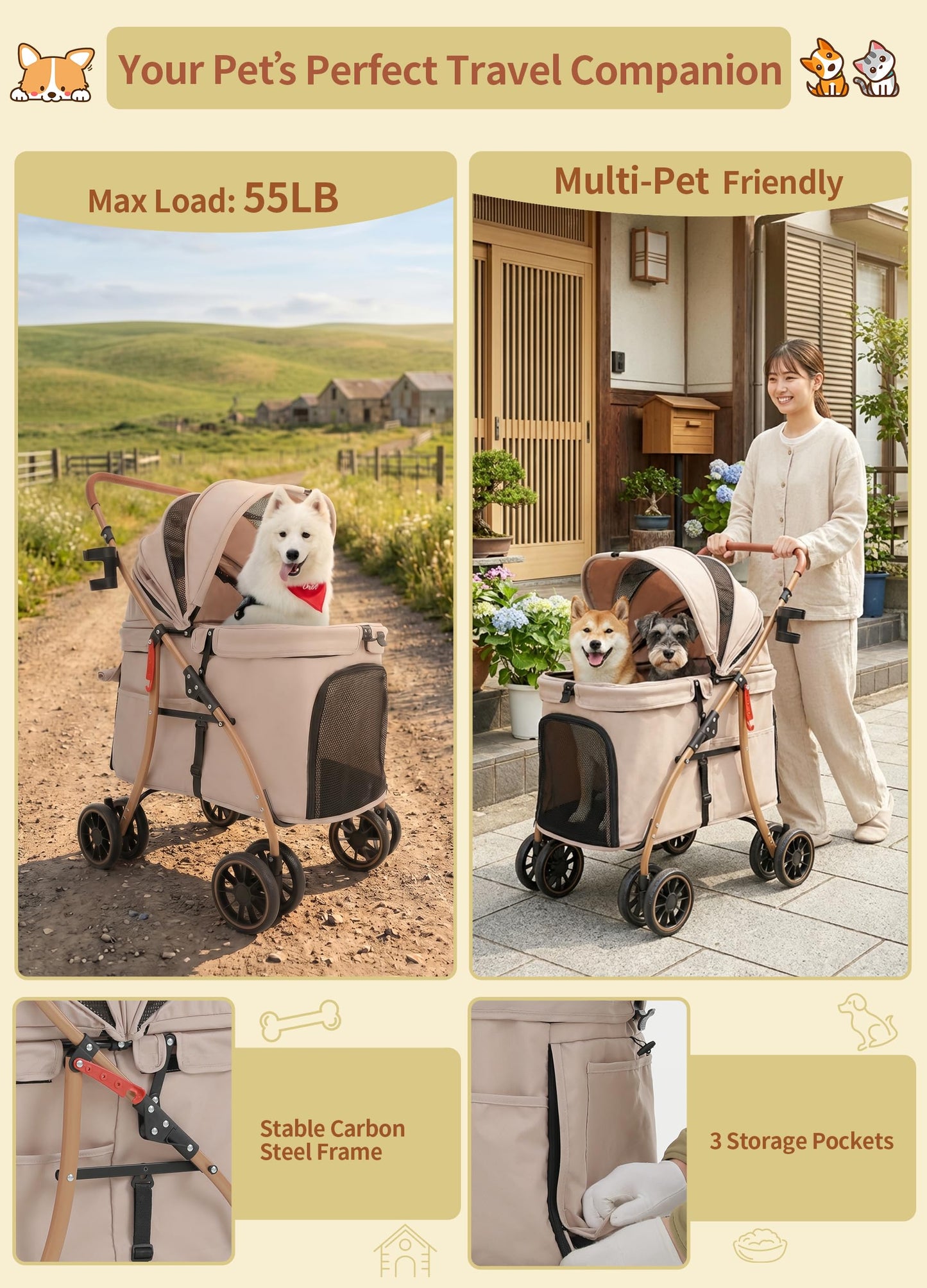 MILA&LOUIS Low-Profile Large Space Pet Stroller for Medium & Small Dogs, Suitable for Multi-Pet and Senior Dogs, 55lbs Max Load, 360° Swivel Front Wheels, One-Touch Foldable Design with Rear Brake