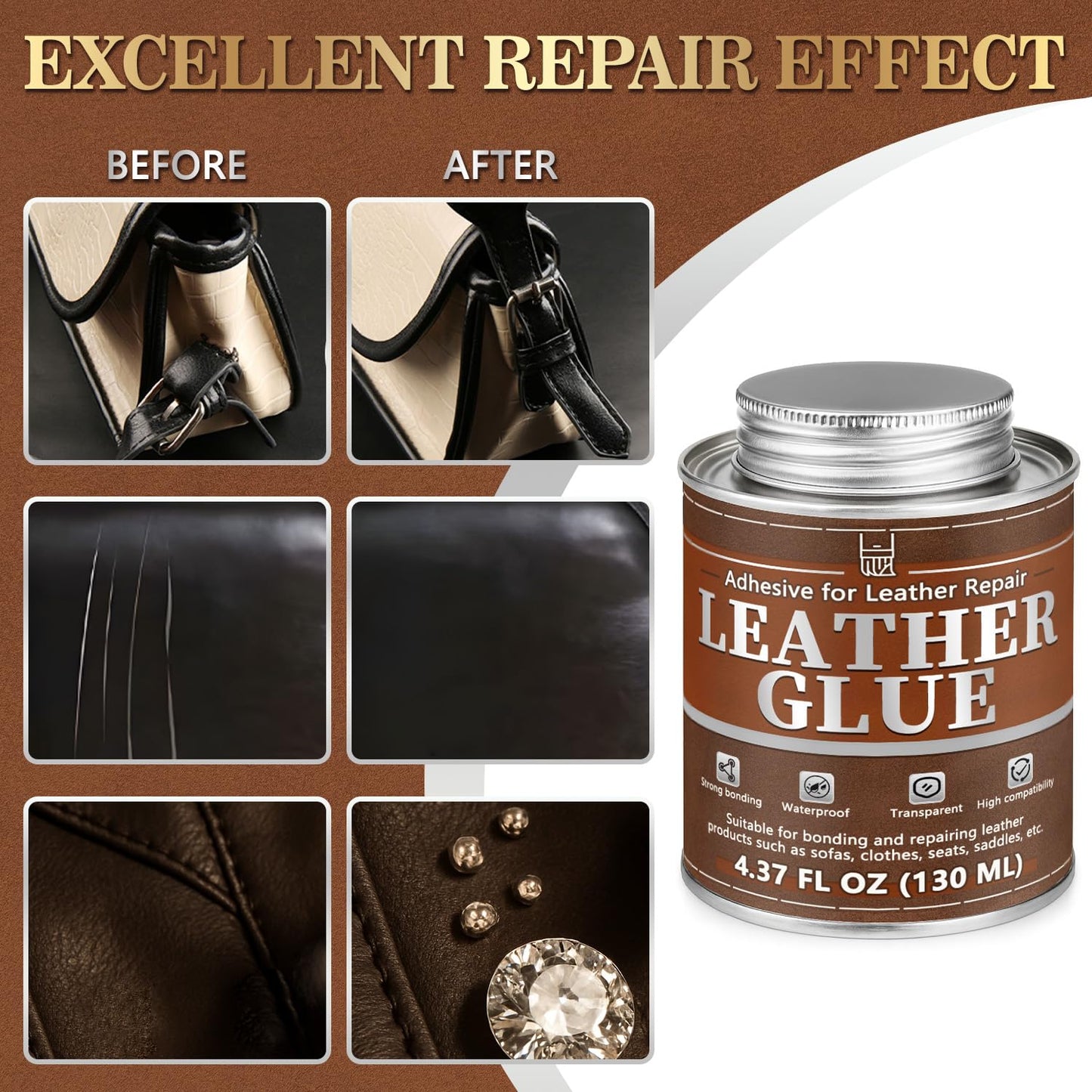 Leather Glue, 130ml Waterproof High Strength Adhesive, Clear Flexible Repair Cement for Bonding Between Sofas, Car Seats, Saddles, Crafting, DIY Projects