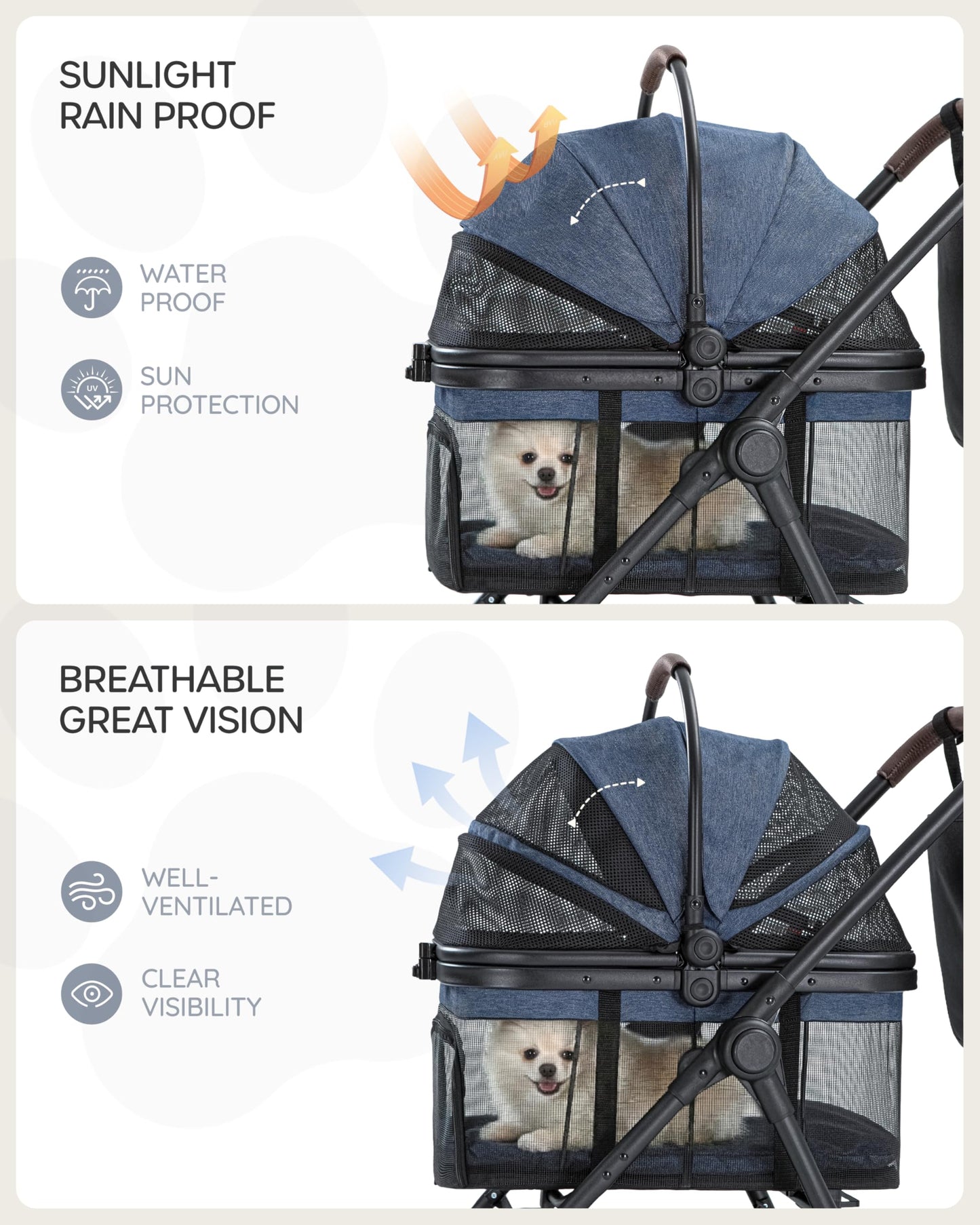 OJCME 3 in 1 Pet Carrier Stroller with Detachable Carrier, Foldable Dog & Cat Stroller for Small/Medium Dogs up to 33 lbs, Large Storage Bag, Full Window Mesh, One-Touch Dual Brake, Car Seat