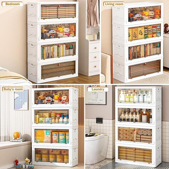 YFXCVSL 4 Tier Plastic Storage Bins with Lid 102QT, Stackable Storage Containers with Wheels, Folding Storage Boxes, Stackable Storage Bins, Organizers and Storage for Living Room