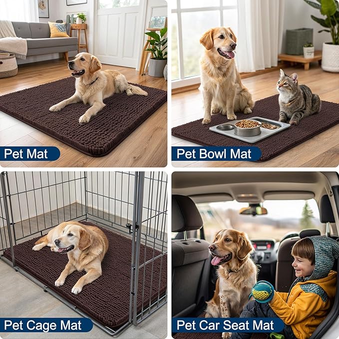 Smiry Dog Door Mat for Muddy Paws 59x24, Absorbs Moisture and Dirt Doormat, Non-Slip Washable Quick Dry Chenille Front Door Mat Indoor Entrance, Entryway Carpet for Inside Floor, Brown