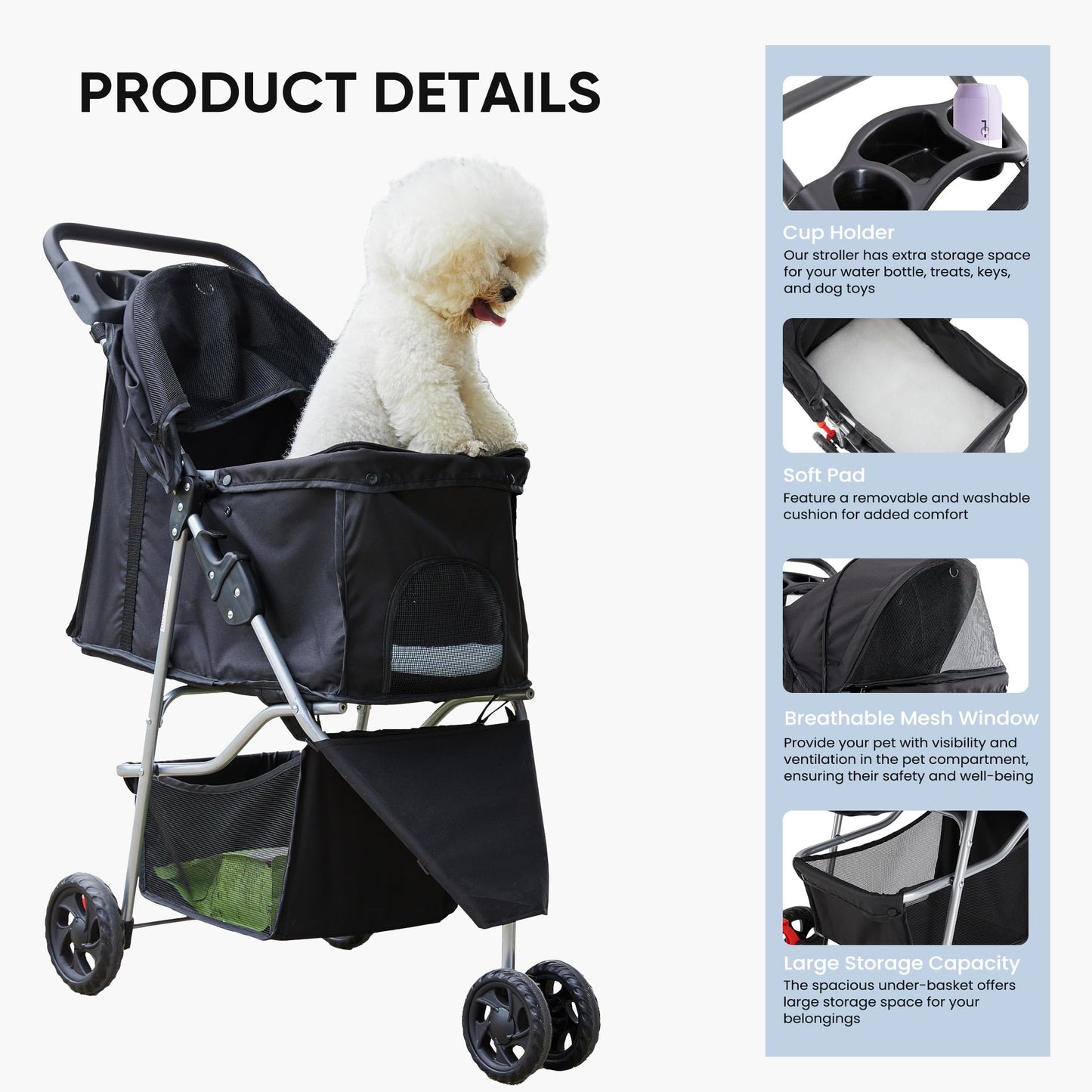 NEWBULIG Pet Stroller for Dogs, Cats Stroller with 3 Wheel, Foldable, Lightweight and Durable, Ideal for Small to Medium Pets, Includes Storage Basket and Cup Holders, Black
