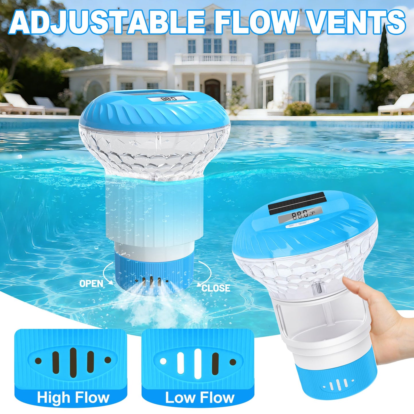 AquClor 2026 Upgraded Pool Chlorine Floater with Thermometer,Digital Screen Solar Chlorines Floaters w/Light,Chlorine Floater w/Adjustable Release,Floating chlorines Dispenser for Pool,Hot Tub,Blue
