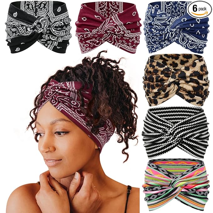 Tobeffect Wide Headbands for Women, 7'' Boho Turban Headband Large Hairband Twisted Hair Accessories, 6 pack