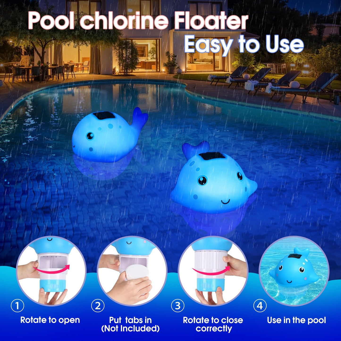 Blufree Pool Chlorine Floater, Solar Chlorine Tablet Floater w/Adjustable Release, Glow in The Dark Large Capacity Whale Floating Chlorines Dispenser for Pool Hot Tub Spa Fits 3 Inch Tabs