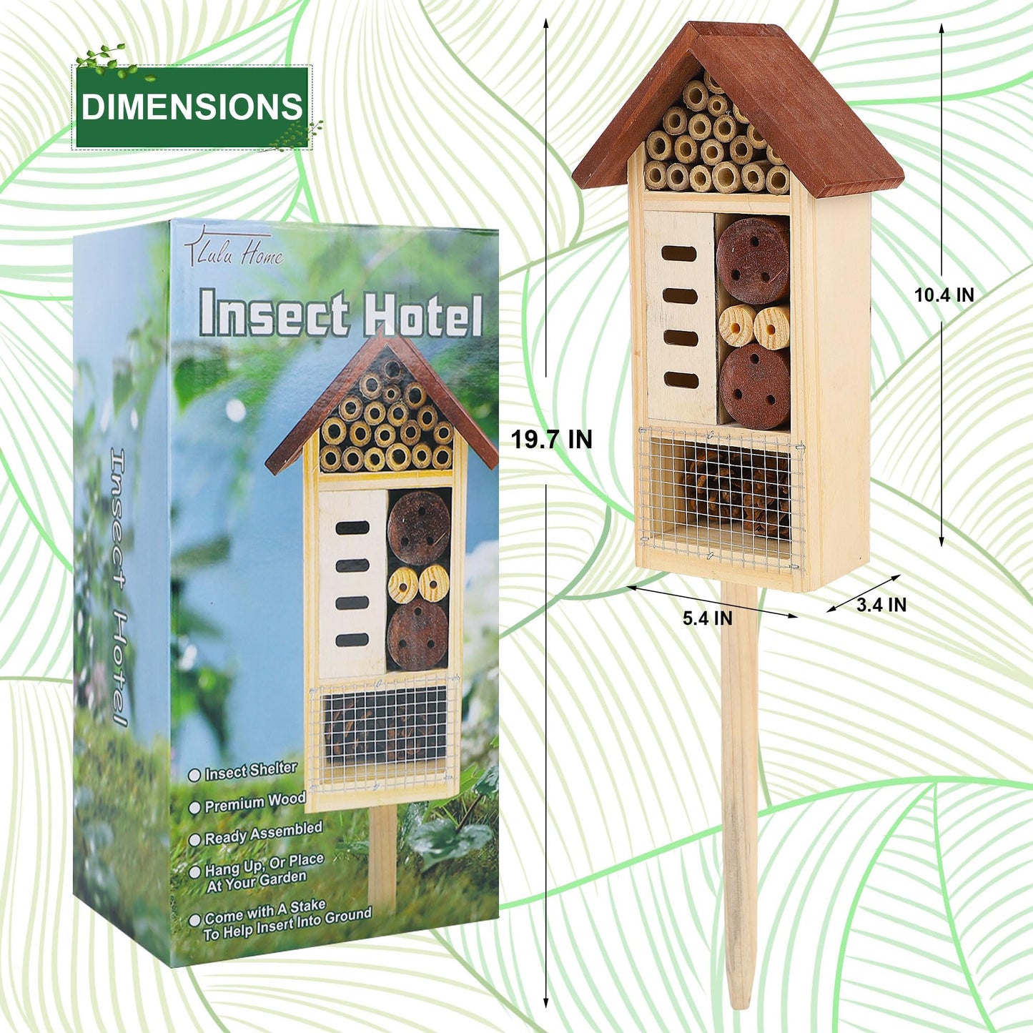 Lulu Home Wooden Insect House with Stake, Hanging & Inserting Two Mount Ways Insect Hotel for Bee, Butterfly, Ladybirds, Beneficial Insect Habitat, Bug Hotel Garden, 19.7 X 3.4 X 5.4 Inch
