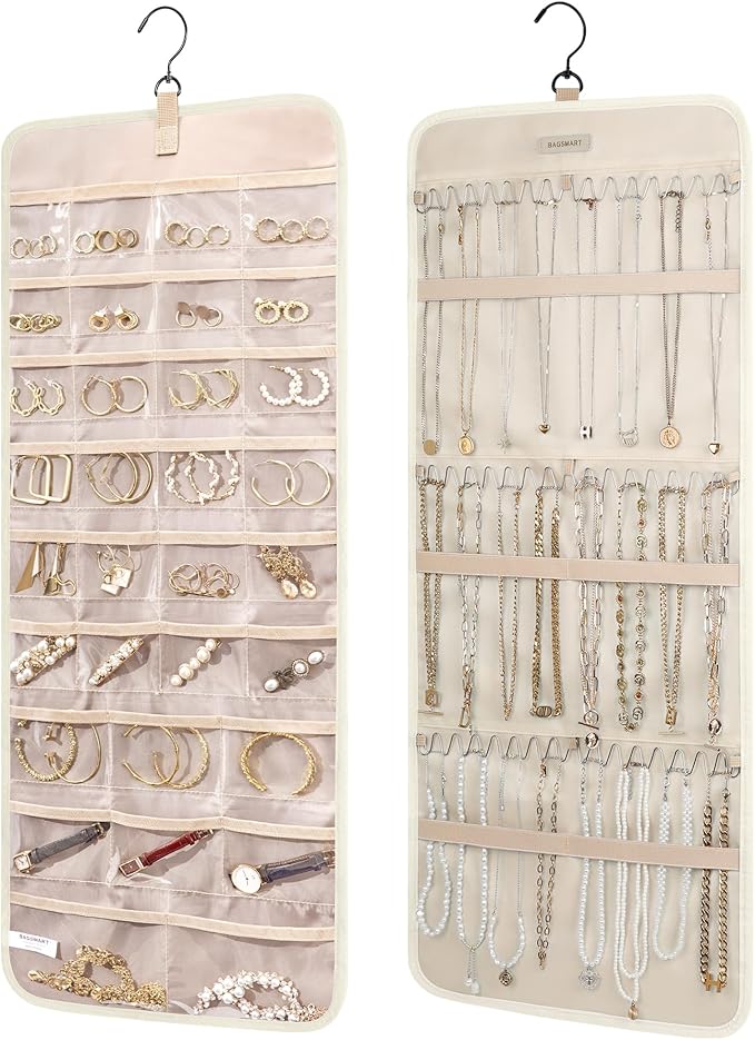 BAGSMART Hanging Jewelry Organizer Storage Roll with Hanger Metal Hooks Double-Sided Jewelry Holder for Earrings, Necklaces, Rings on Closet, Wall, Door, 1 piece, Large, Beige