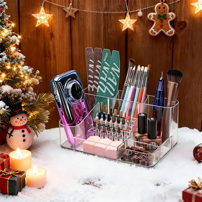 CGBE Nail Drill Holder, 28 Holes Transparent Acrylic Nail Drill Bits Holder, Professional Nail Tools Organizer and Storage Box Case