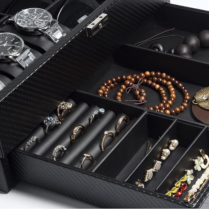GUKA Watch box, 6 Slot Watch Case, 3 Slot Sunglass Organizer, Watch Cases for men with Real Glass Lid, Watch Organizer storage with Jewelry Case, Birthday for Men and Women, Black