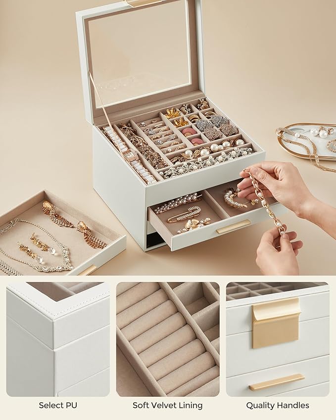 SONGMICS GISELLA Collection - Jewelry Box Organizer, 4-Layer Jewelry Storage with 3 Drawers, Shiny Metal Hardware, Glass Lid, Modern, 8 x 9.1 x 6.5 Inches, Cloud White and Gold Color UJBC173W01