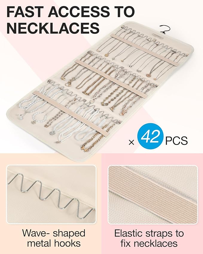 BAGSMART Hanging Jewelry Organizer Storage Roll with Hanger Metal Hooks Double-Sided Jewelry Holder for Earrings, Necklaces, Rings on Closet, Wall, Door, 1 piece, Large, Beige