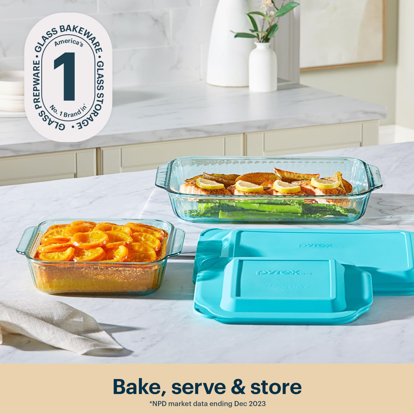 Pyrex Colors Tinted (2-Pack, Full Set) Tinted Glass Baking Dish with BPA-Free Lid, Oblong Bakeware Glass Pan For Casserole & Lasagna, Dishwasher, Freezer, Microwave and Pre-Heated Oven Safe, Aqua